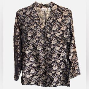Chicos Metallic Jacquard Silk Blend Blouse Size 0 Small Black Gold Brocade Top